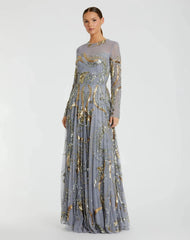 Blue and Gold Long Sleeve Embellished Illusion Evening Gown