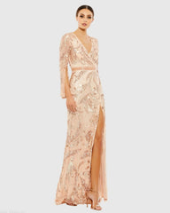 Pink Sequined Faux Wrap Split Long Sleeve Gown