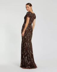 Brown Beaded Embellished V Neck Cap Sleeve Column Gown