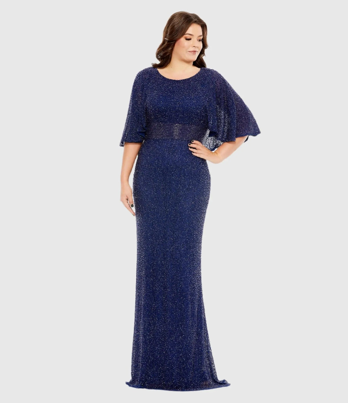 Navy Embellished Cape Sleeve Gown (Plus)