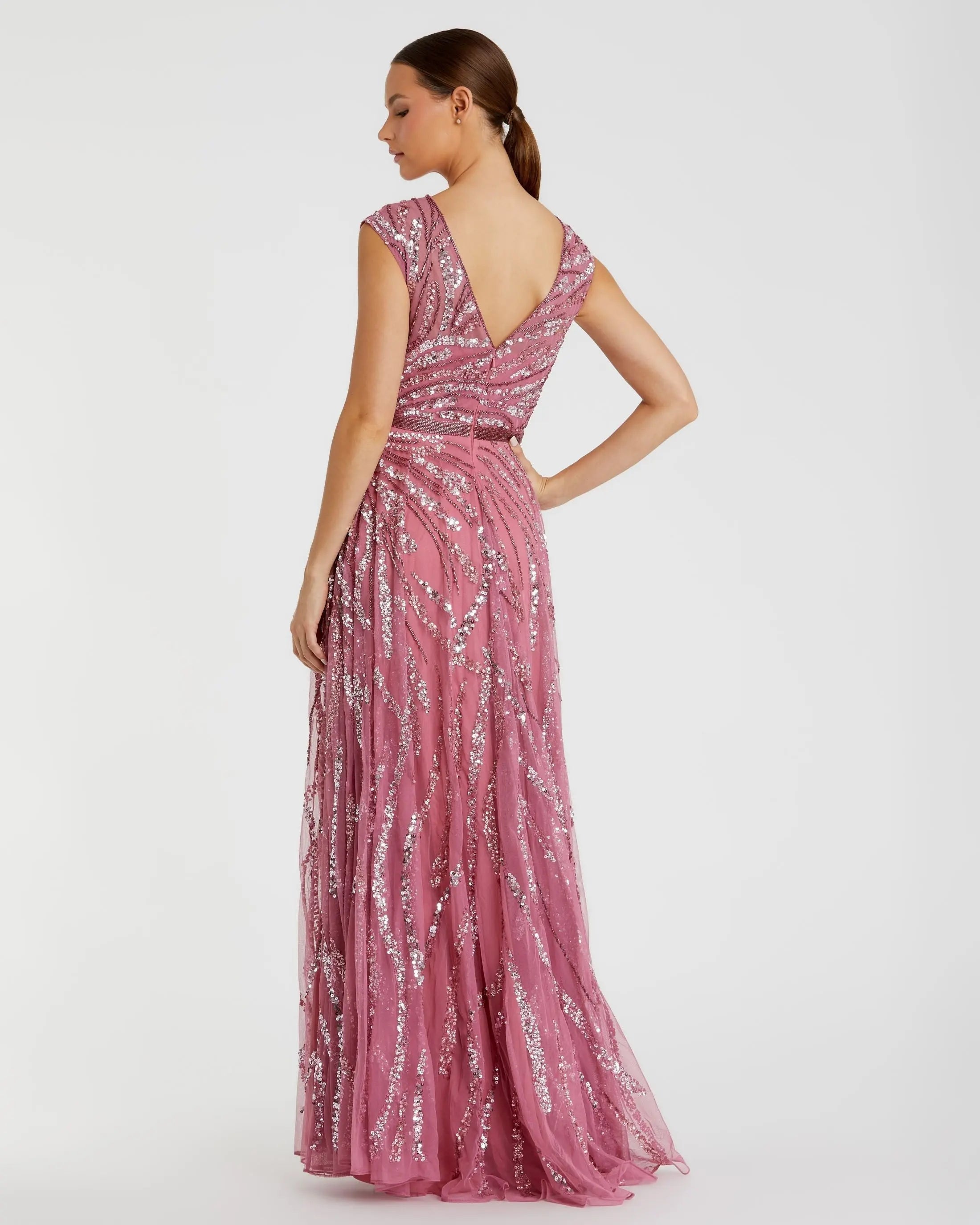 Pink Cap Sleeve Embellished Evening Gown