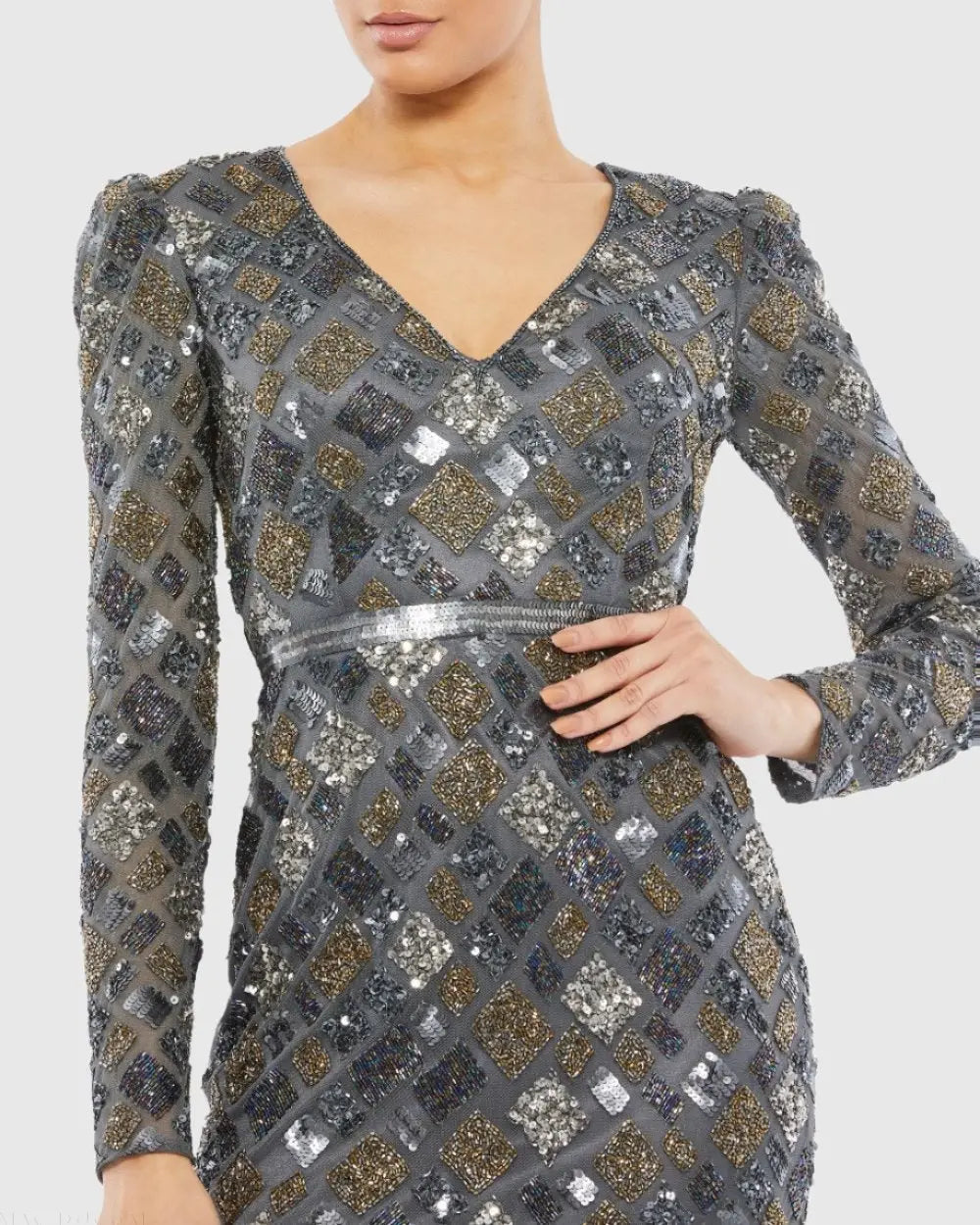 Gray Long Sleeve Geometric Sequin Midi Dress