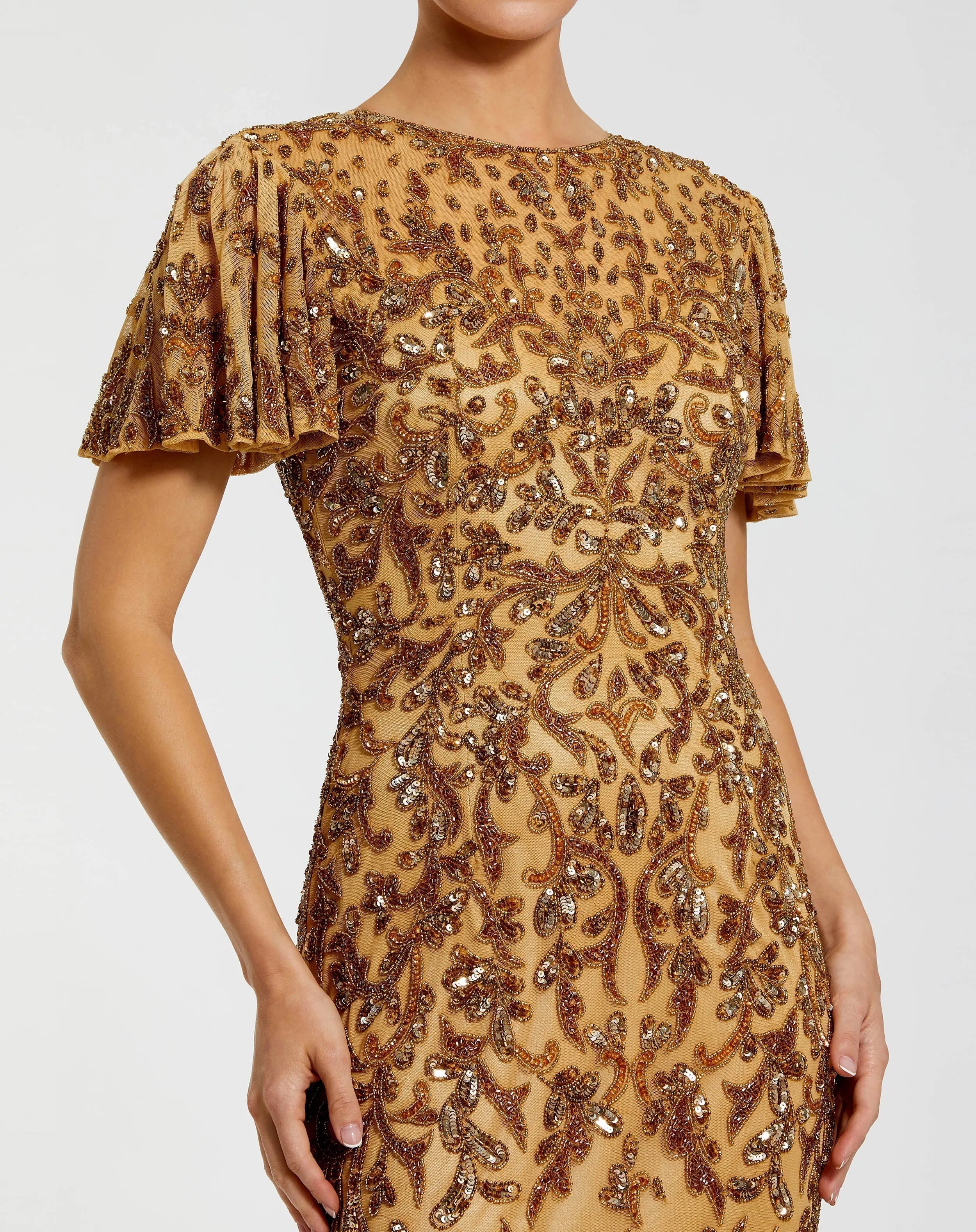 Gold Embellished High Neck Flutter Sleeve Gown