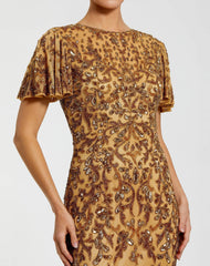 Gold Embellished High Neck Flutter Sleeve Gown