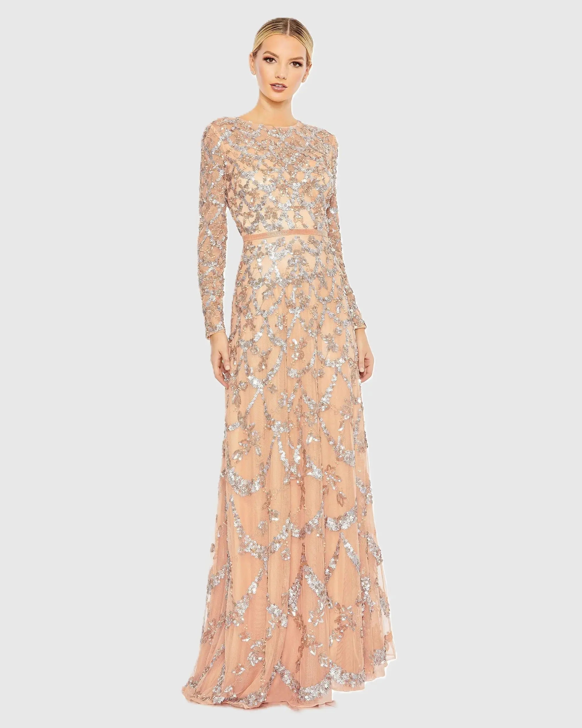 Embellished Illusion High Neck Long Sleeve A Line Gown