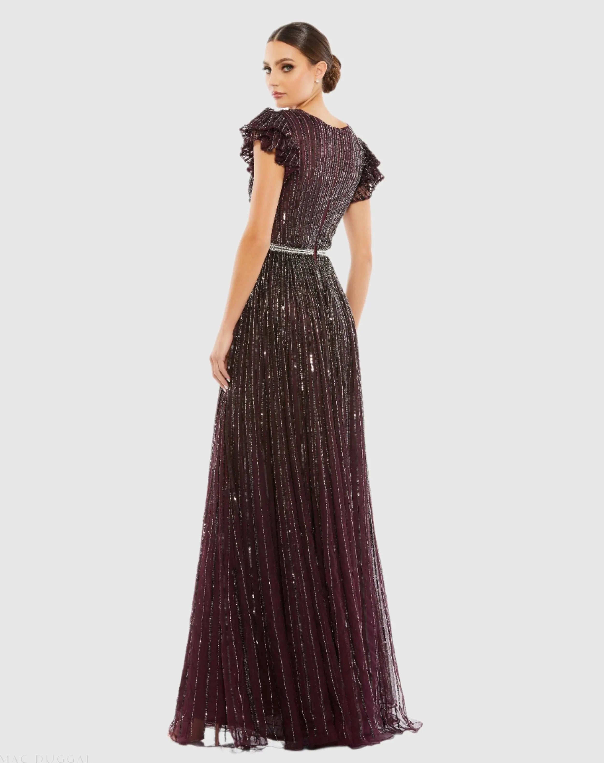 Dark Purple Sequined Wrap Over Ruffled Cap Sleeve Gown