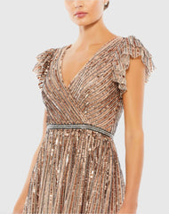 Beige Sequined Wrap Over Ruffled Cap Sleeve Gown