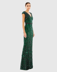 Green Embellished V Neck Cap Sleeve Sequin Gown