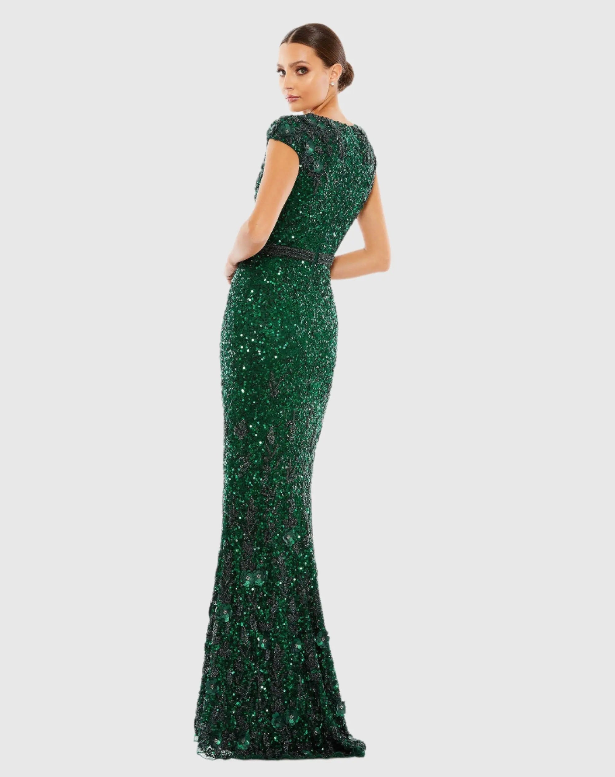 Green Embellished V Neck Cap Sleeve Sequin Gown