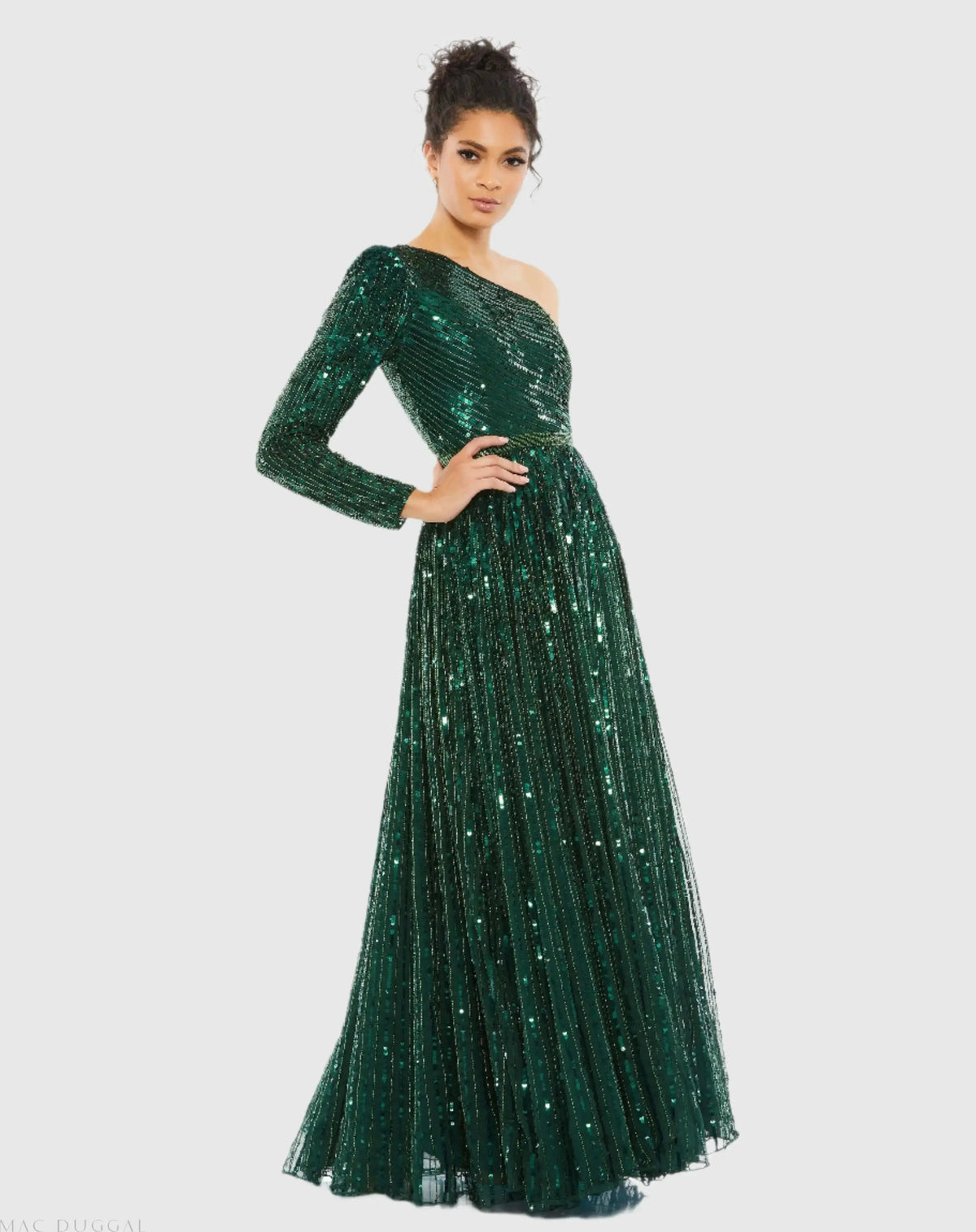 Green Sequined One Shoulder A Line Gown