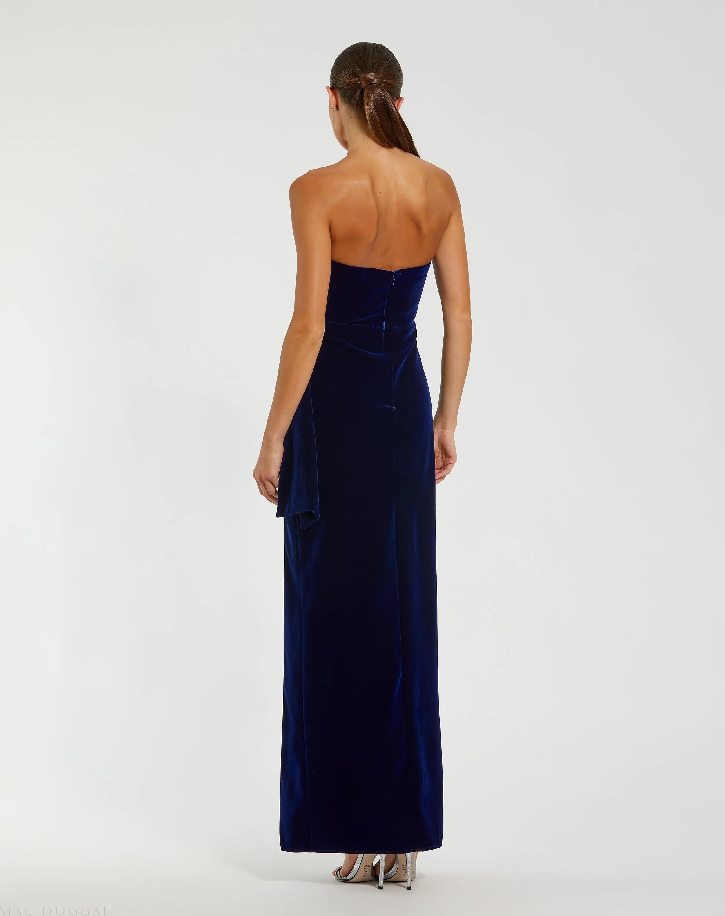 Blue Strapless High Slit Draped Velvet Gown