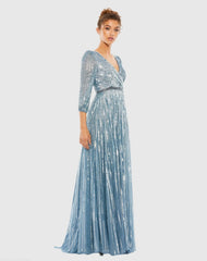 Blue Sequined Wrap Over 3/4 Sleeve Gown