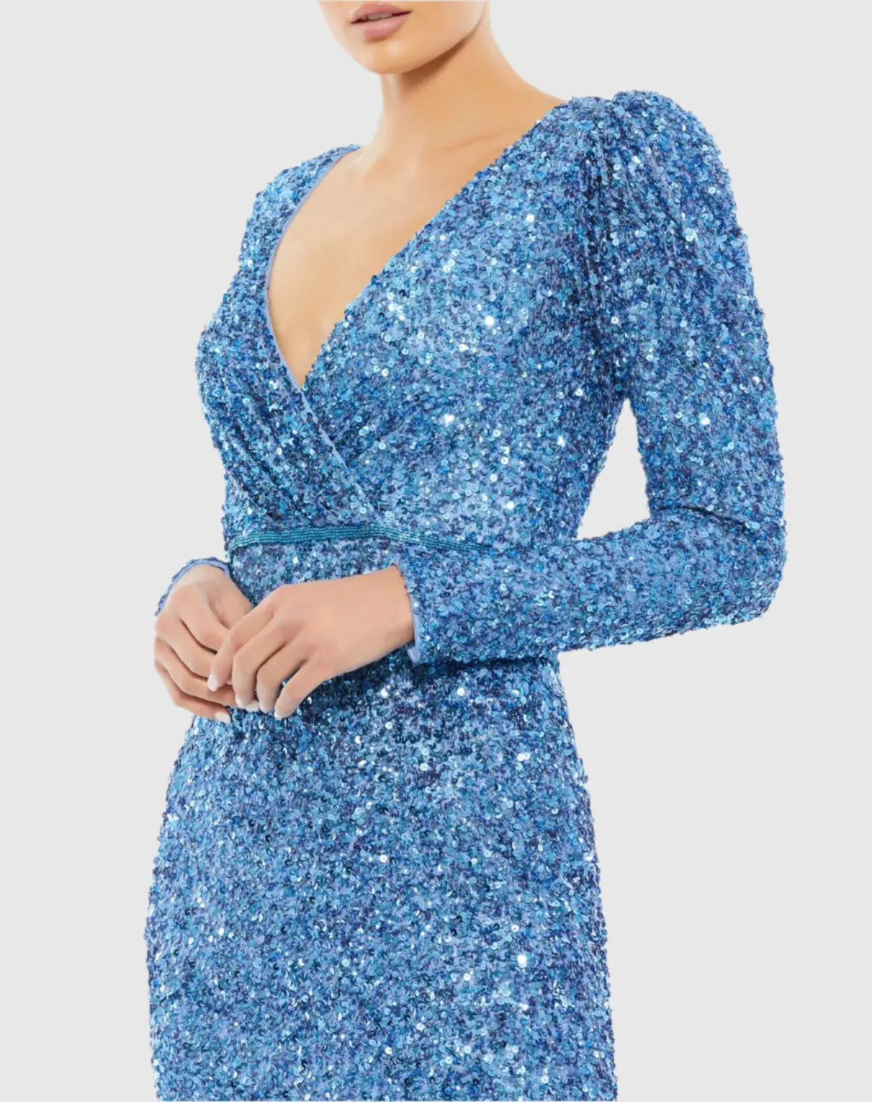 Blue Puff Shoulder Sequined Surplice Gown