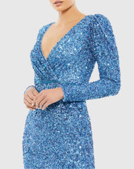 Blue Puff Shoulder Sequined Surplice Gown