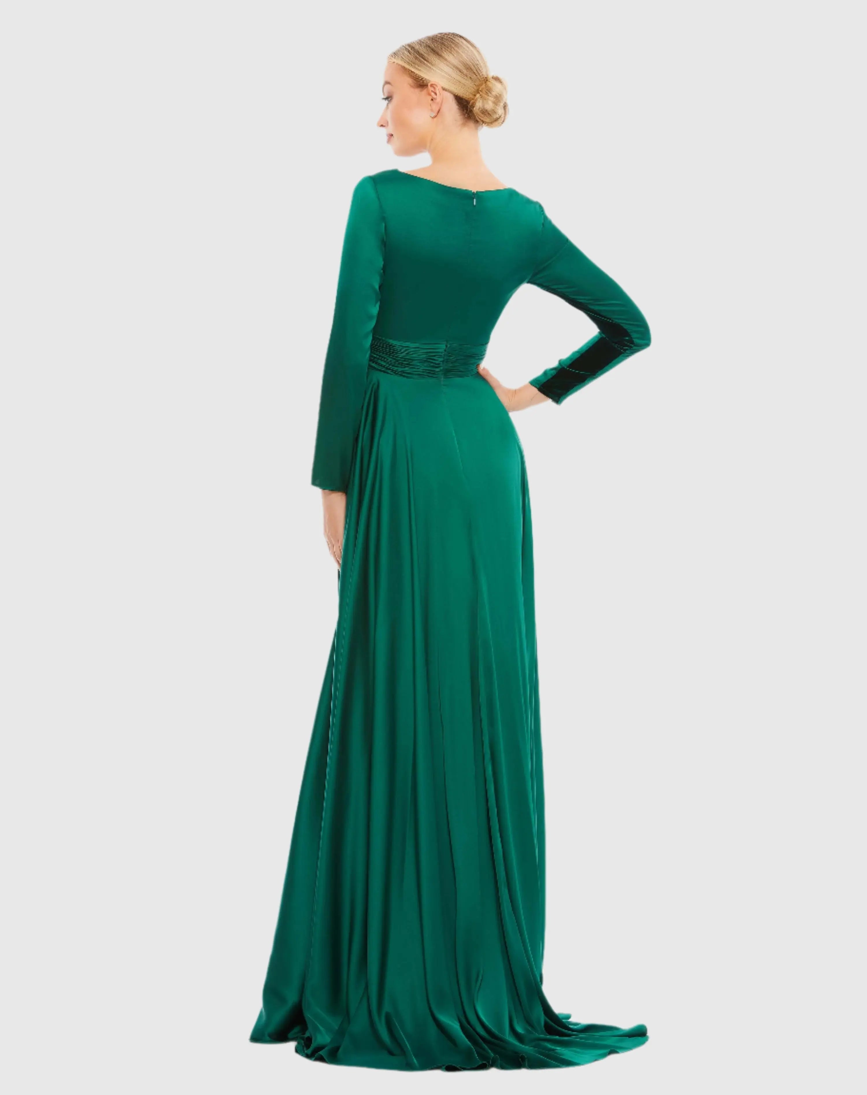Green Long Sleeve Ruched Waist A-Line Gown - FINAL SALE