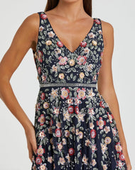 Navy V-Neck Sleeveless Midi Floral Beaded A-line Dress
