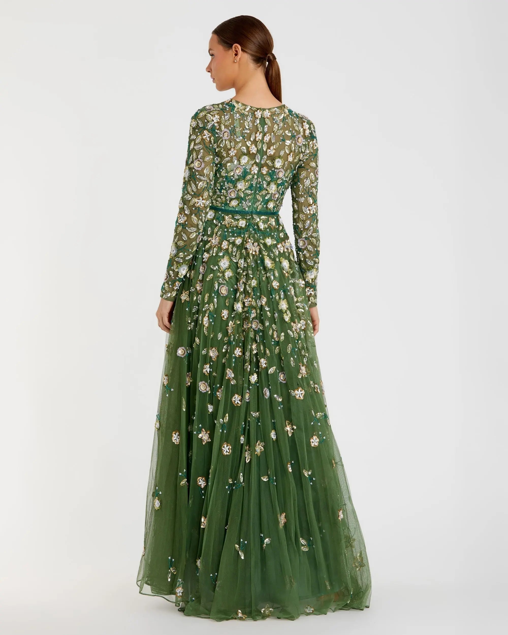 Green Embellished High Neck Long Sleeve A Line Gown