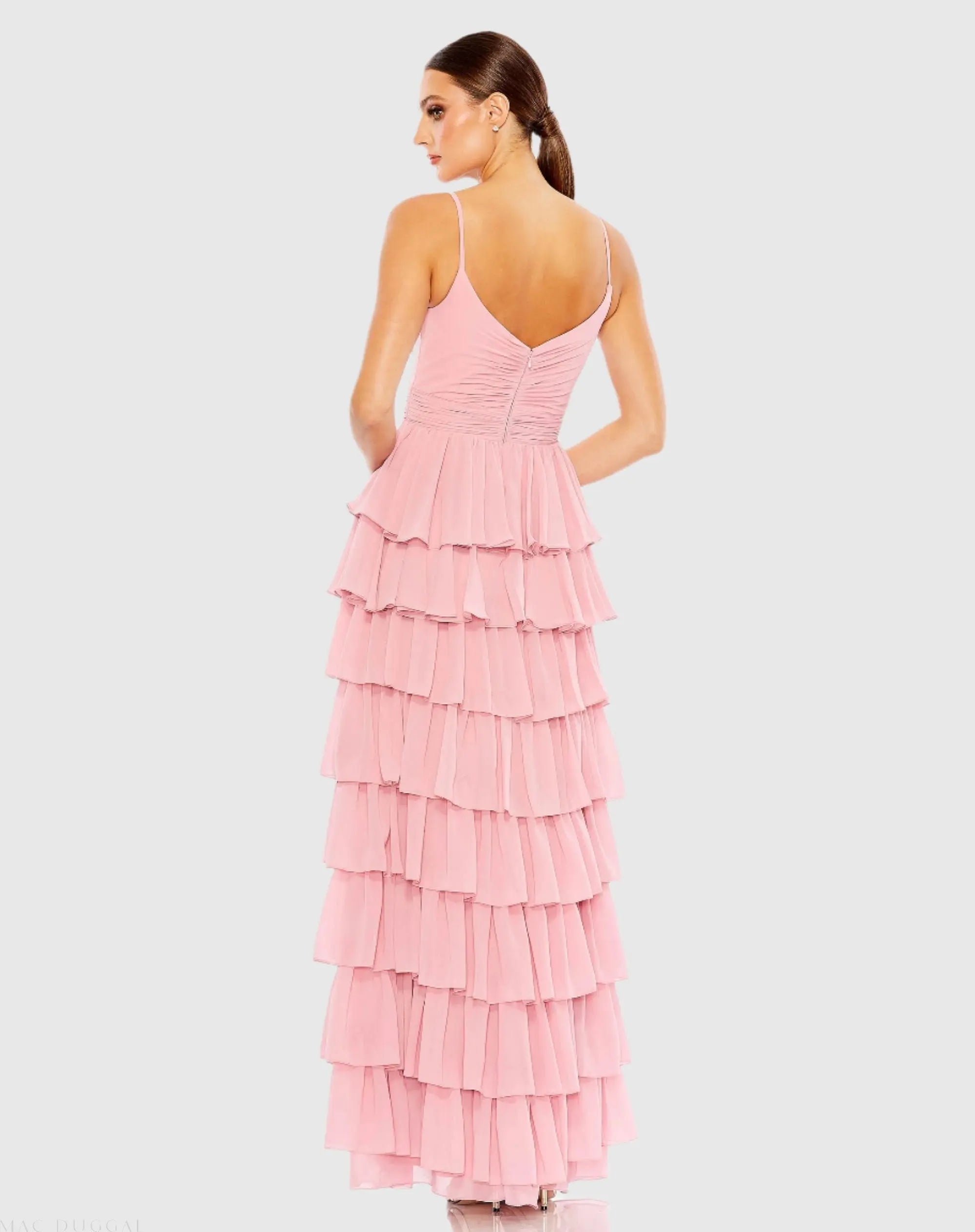Pink V-Neck Sleeveless Gown with Ruffled Skirt