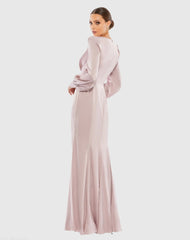 Pink Satin Ruched Bishop Sleeve Gown