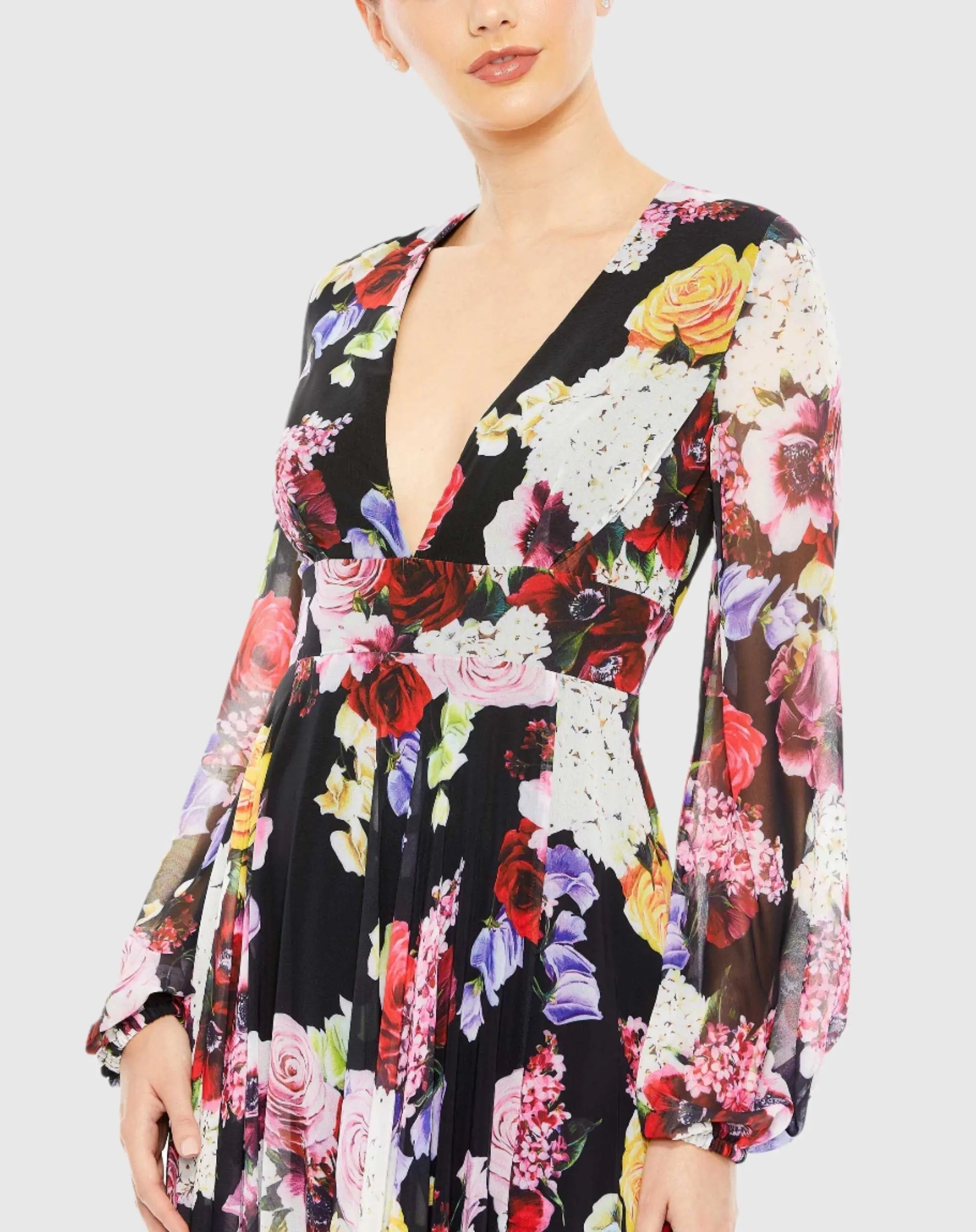 Black Floral Print Illusion Long Sleeve V Neck Gown