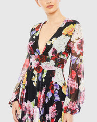 Black Floral Print Illusion Long Sleeve V Neck Gown