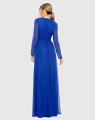 Blue V-Neck Front Twist Long Sleeve Gown