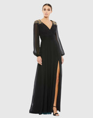 Embellished Shoulder Blouson Sleeve Evening Gown