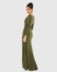 Green Draped Bateau Long Sleeve Trumpet Gown