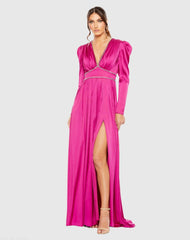Pink Rhinestone Trim Puff Sleeve Gathered Gown