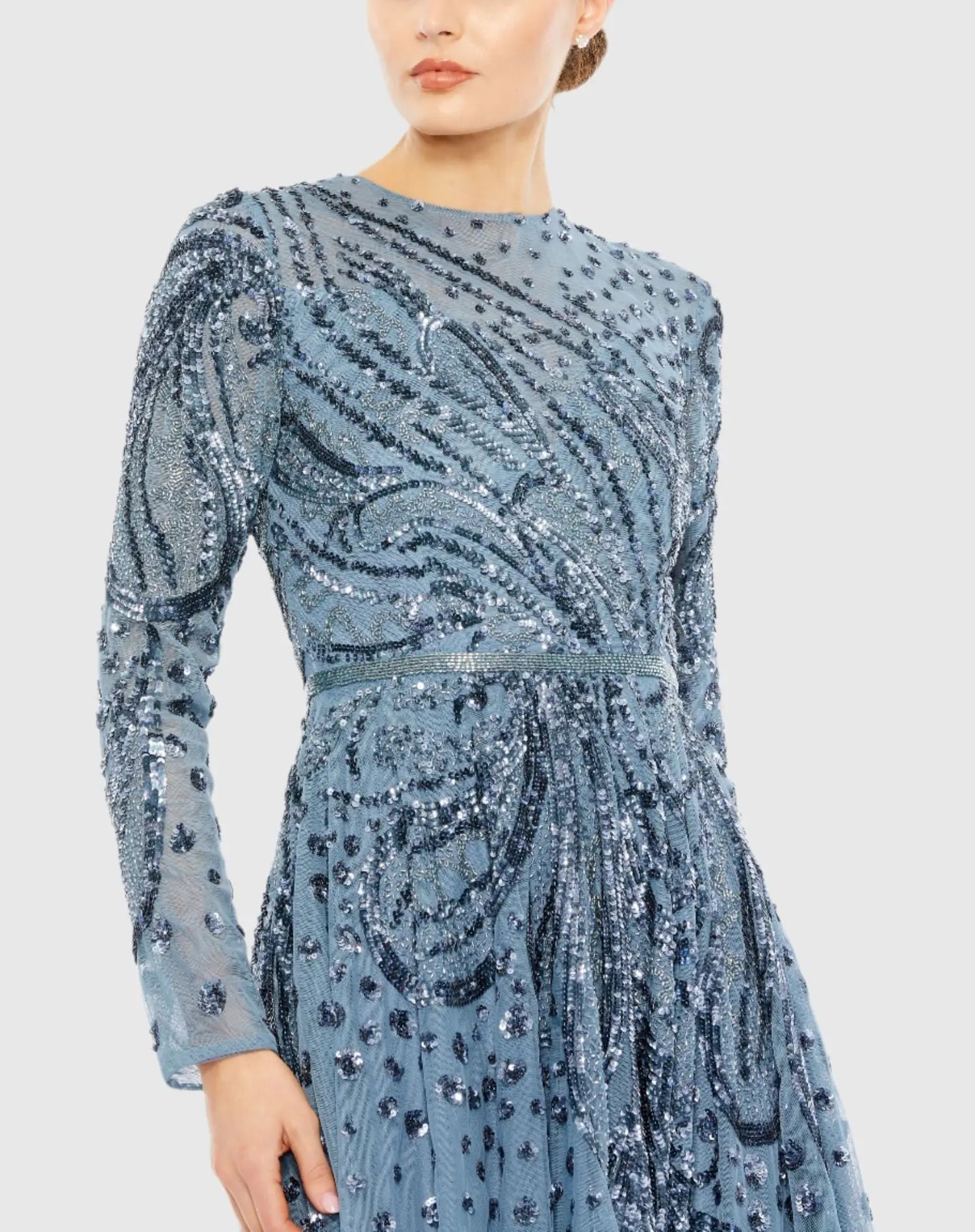 Blue Embellished Illusion High Neck Long Sleeve Dress