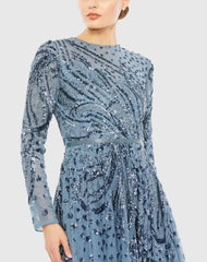 Blue Embellished Illusion High Neck Long Sleeve Dress
