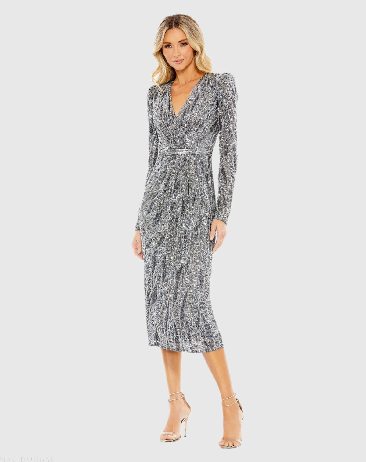 Gray Long Sleeve V Neck Beaded Cocktail Dress
