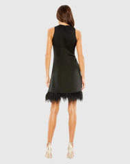 Black Feathered Hem High Neck Sleeveless Trapeze Dress