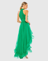 Green Ruffle Tiered High Low Pleated Halter Neck Gown