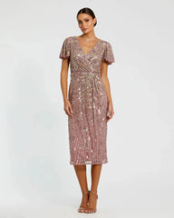 Purple Embellished Faux Wrap Flutter Sleeve Dress