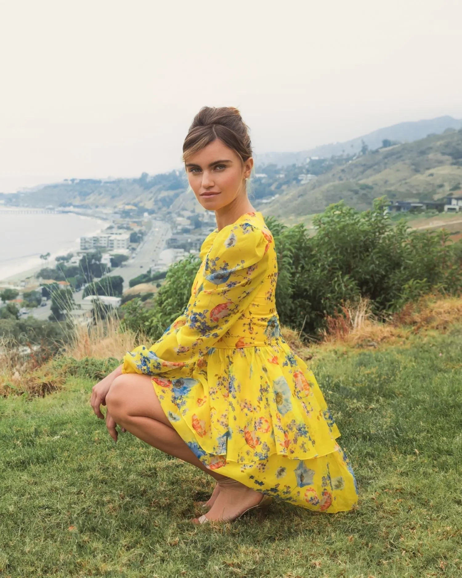 Yellow Floral Print Puff Sleeve Ruffled Mini Dress