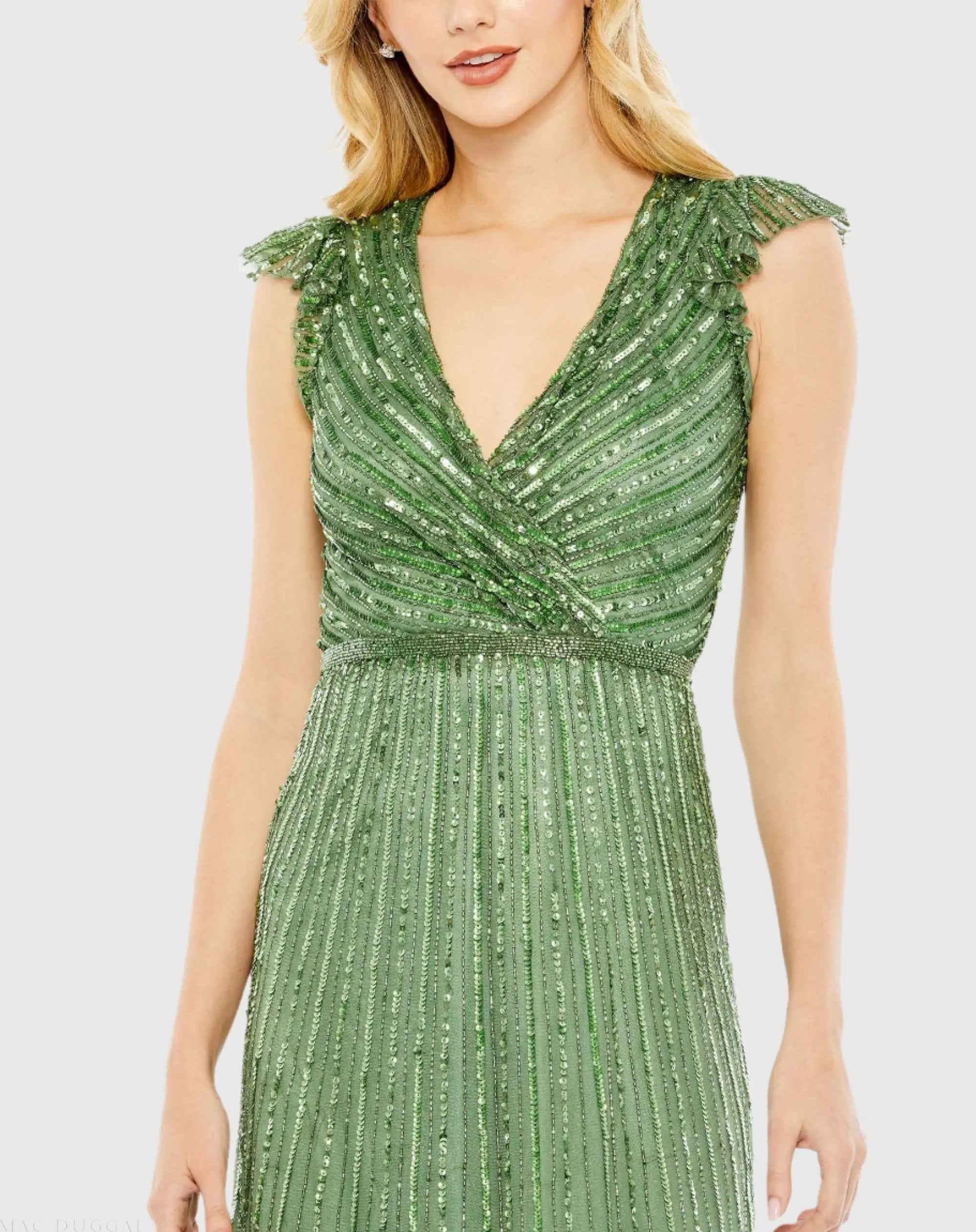 Green Sequined Wrap Over Cap Sleeve Ruffle Hem Dress