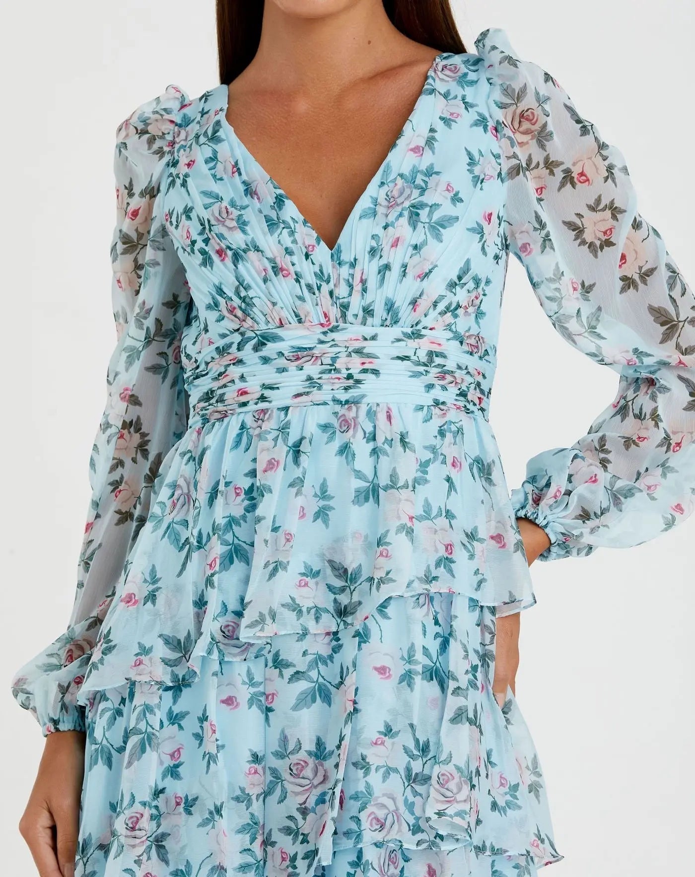 Blue Puff Sleeve Floral Printed Dress