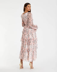 Pink Puff Sleeve Floral Printed Dress