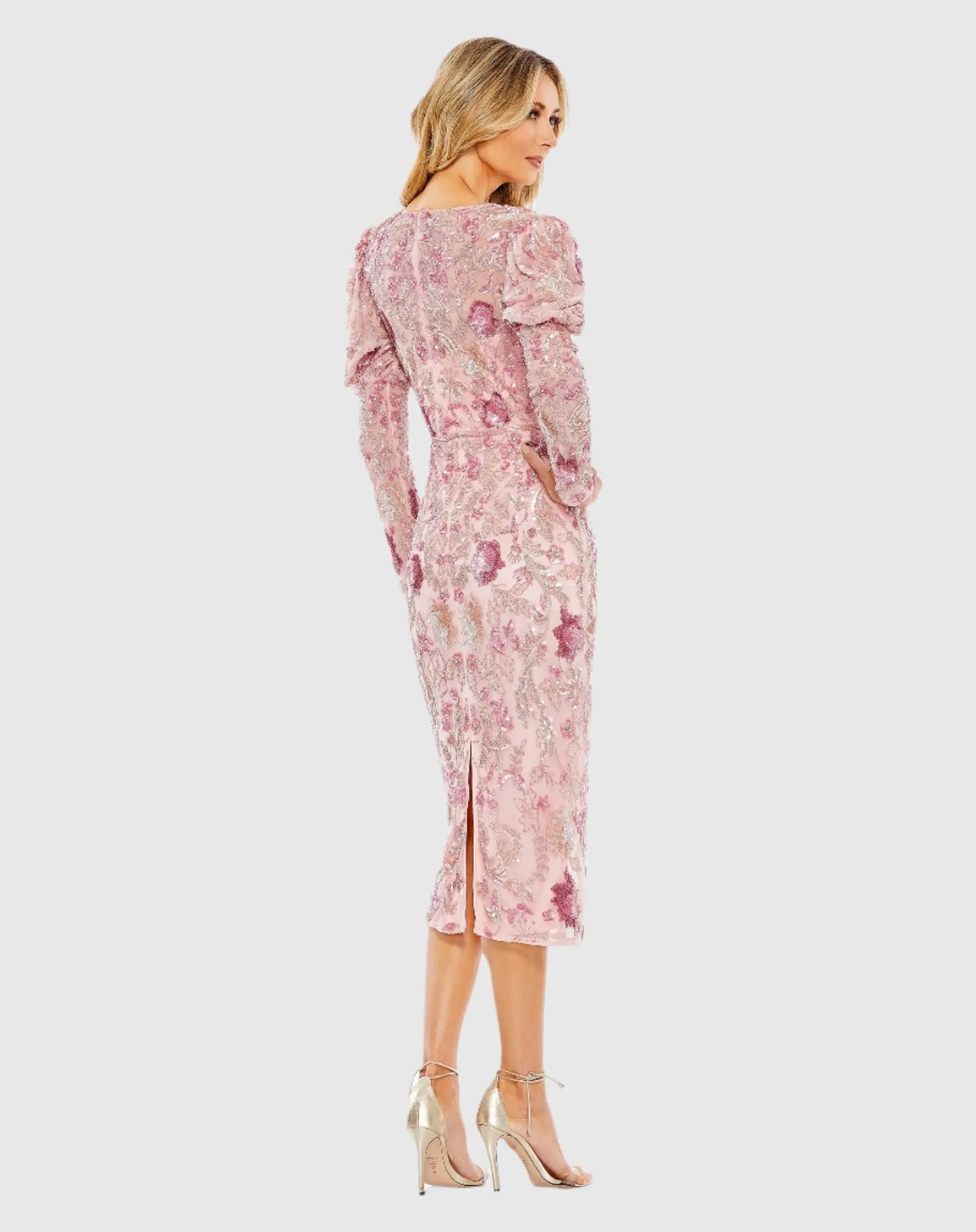 Pink Embellished Puff Sleeve High Neck Dress