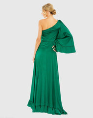 Green Long One Sleeve Asymmetrical Ruffle Hem Gown