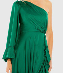 Green Long One Sleeve Asymmetrical Ruffle Hem Gown