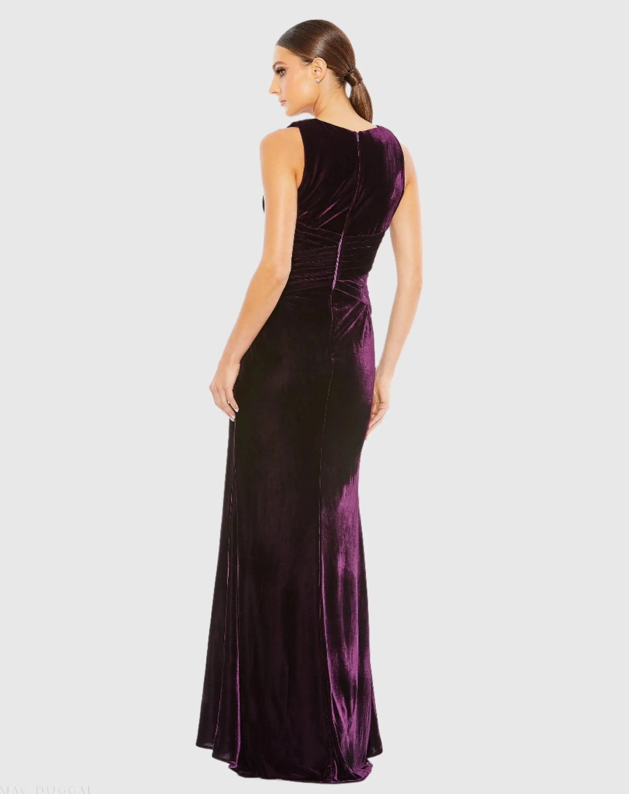 Purple Velvet Pleated Sleeveless Plunge Neckline Gown