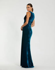 Blue Velvet Pleated Sleeveless Plunge Neckline Gown