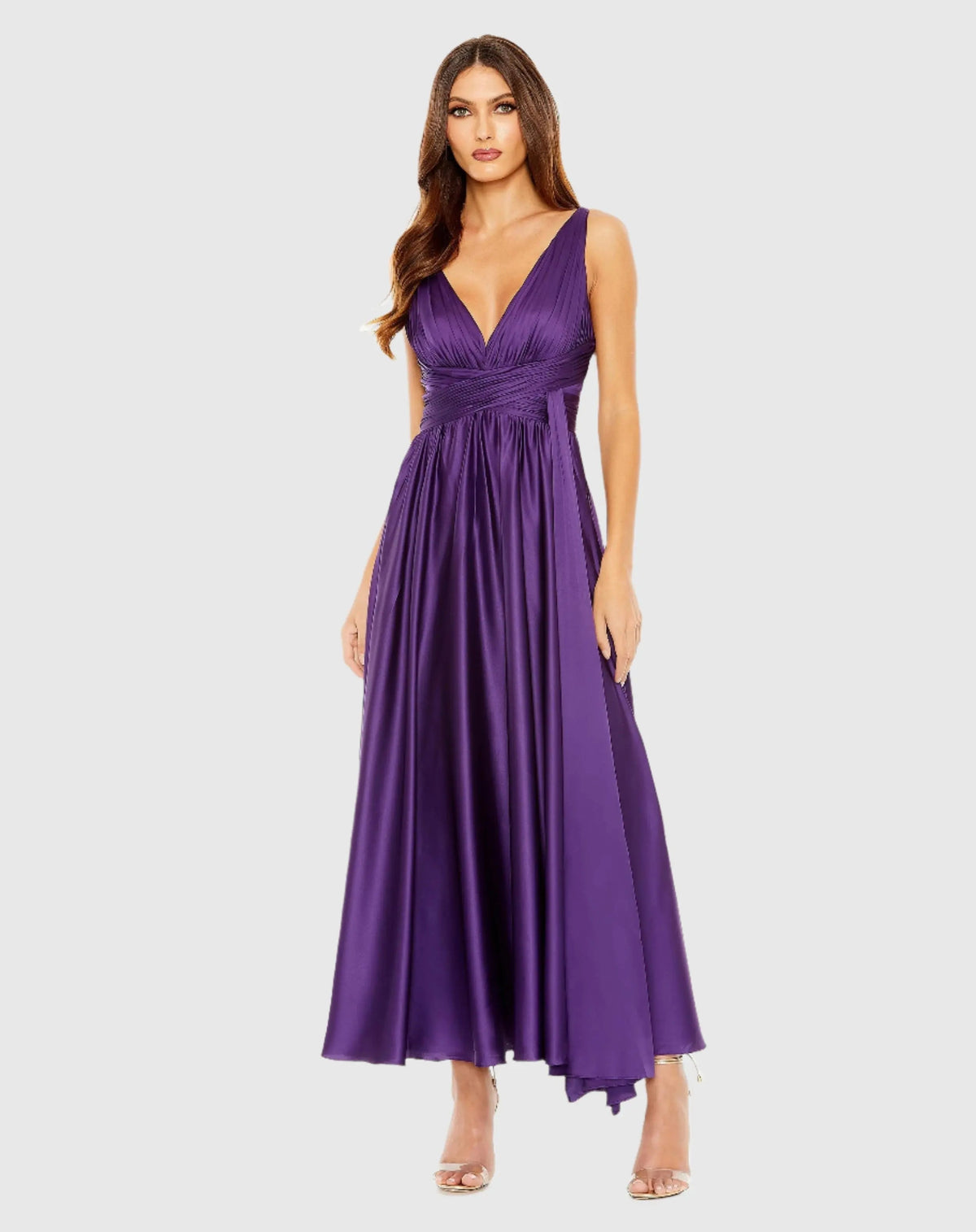Purple Ruched Top Satin Pleated Tea Length Dress