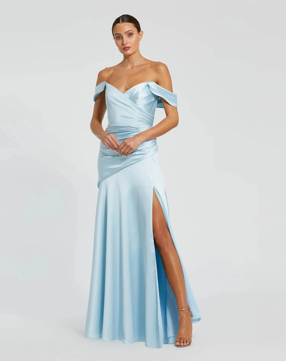 Satin Off The Shoulder Crossover Gown