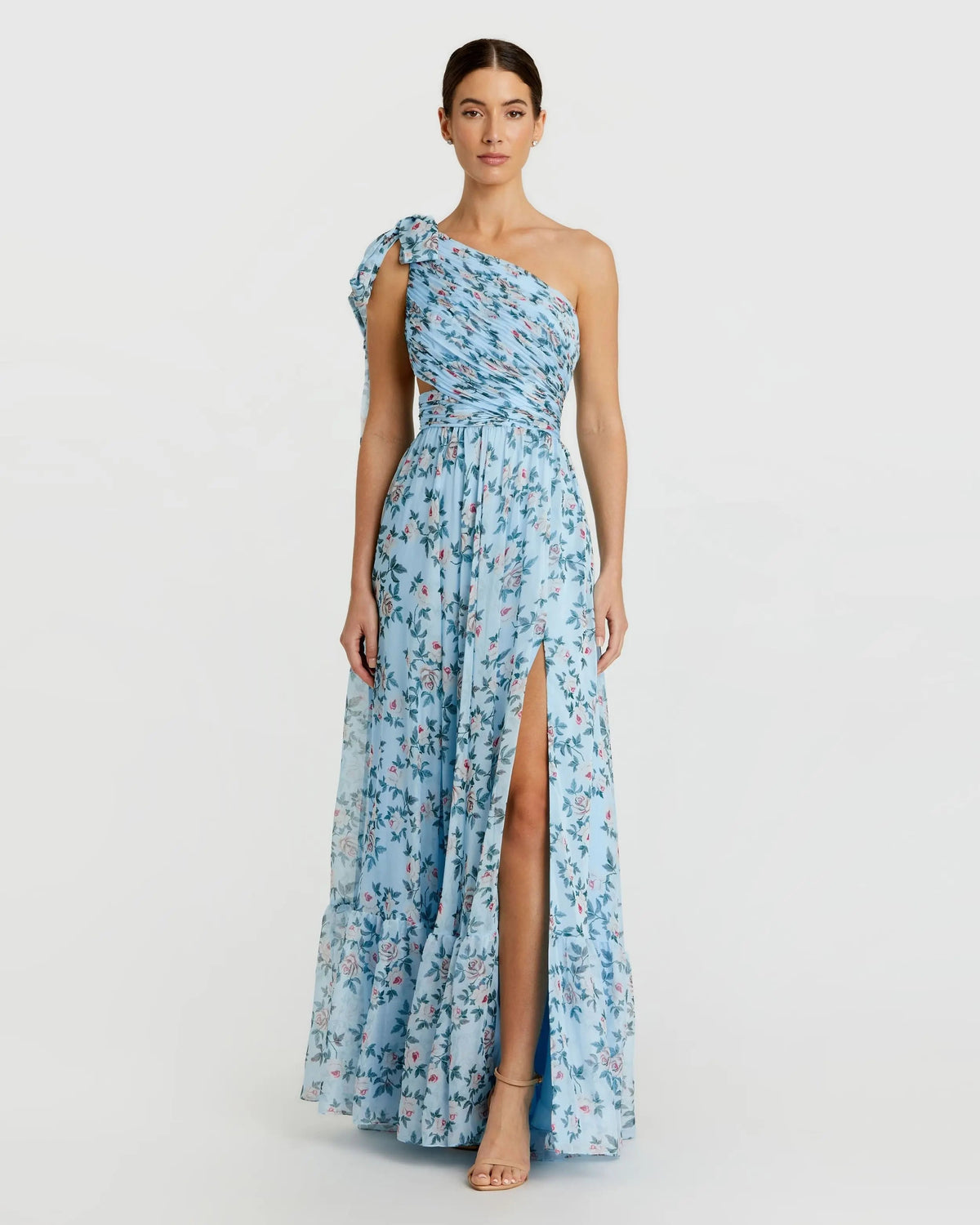 Blue Floral Chiffon One Shoulder Gown