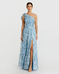 Blue Floral Chiffon One Shoulder Gown