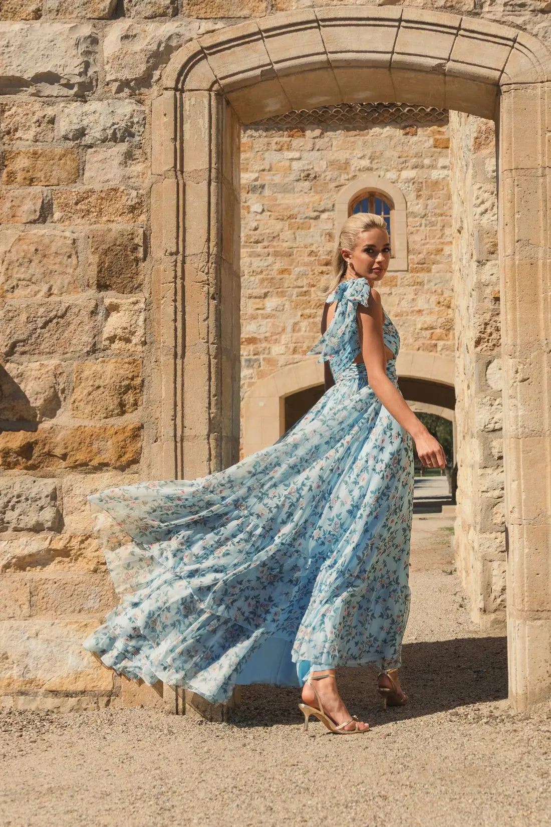 Blue Floral Chiffon One Shoulder Gown