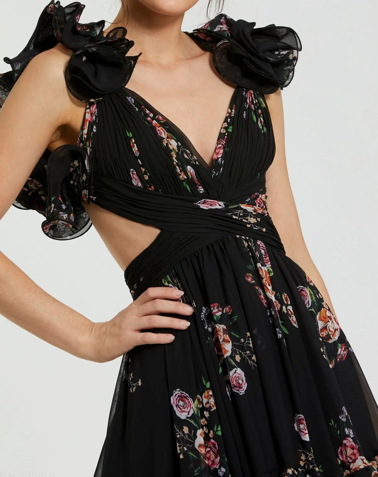 Black Ruffle Tiered Cut-Out Floral Print Chiffon Dress